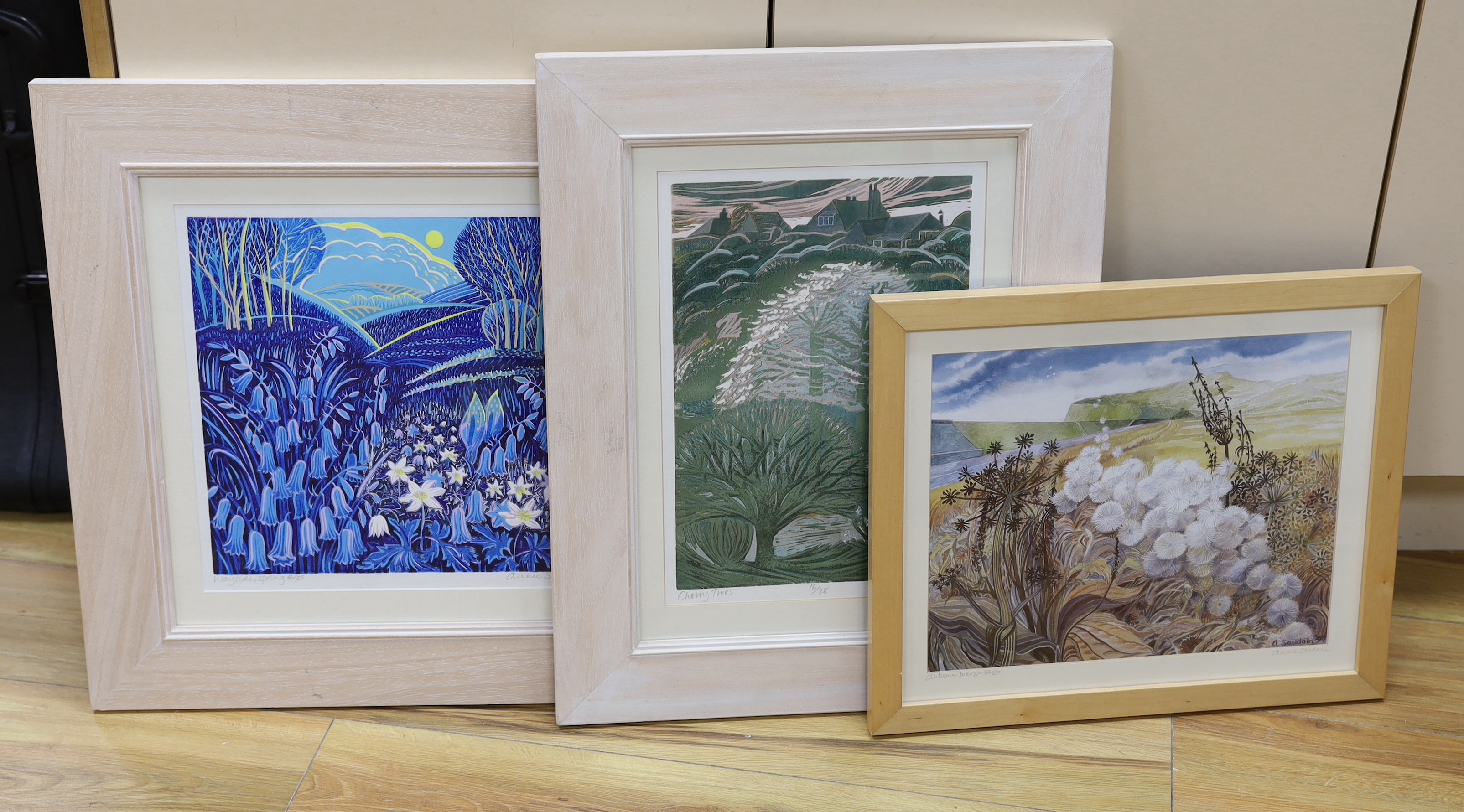 Annie Soudain (Contemporary) three signed colour prints including Cherry Trees & Autumn Breeze, each limited edition, largest 32cm x 32cm